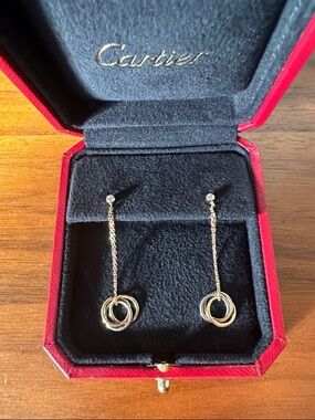 Cartier Gold Triple-Loop Drop Earrings with Chain and Diamond Studs - Gold